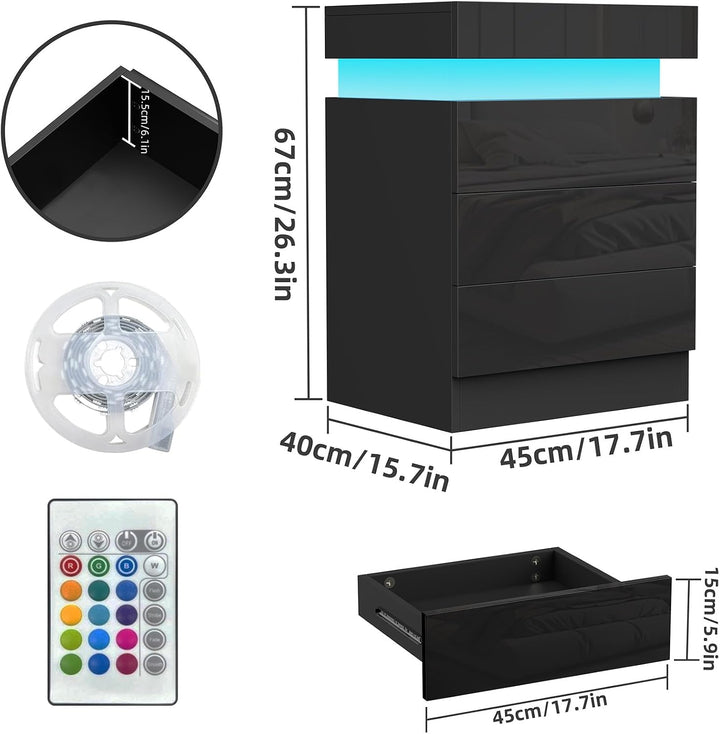 PIPIPOXER Nachttisch Schwarz mit LED, Hochglanz Nachtschrank mit 3 Schubladen und Versteckte Obere S