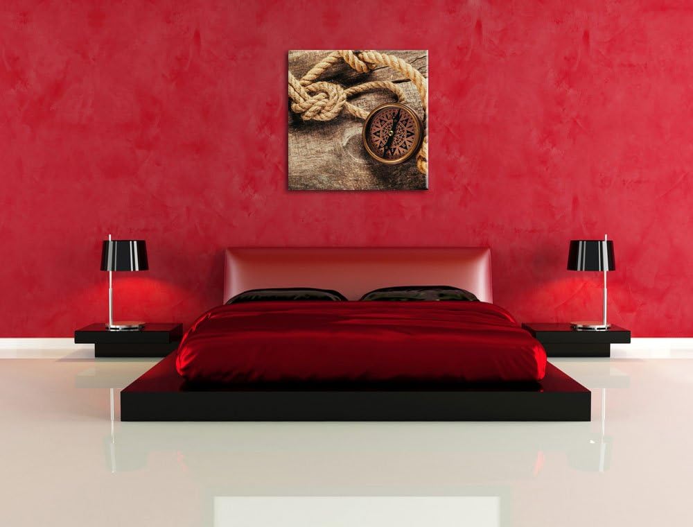 Pixxprint Schiffseil und Kompass als Leinwandbild/Grösse: 70x70 cm/Wandbild/Kunstdruck/fertig bespan