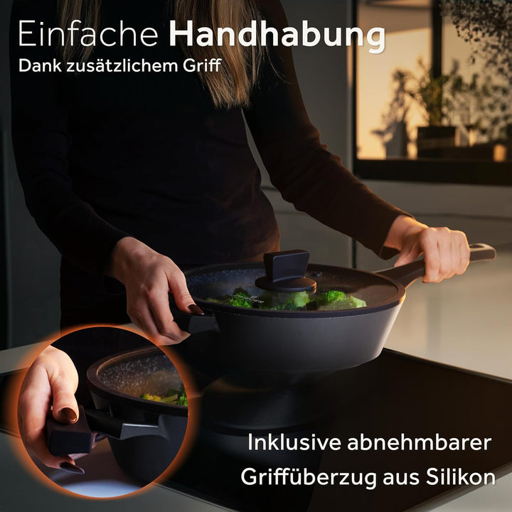 ZWIEGER Grosse Pfanne mit Deckel 28cm – Schmorpfanne 28 cm hoher Rand, Aluguss, vollflächiger Edelst