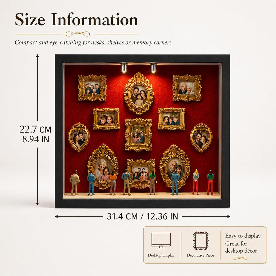 DIY Mini Museum Schattenbox mit LED, Erinnerungsrahmen Set | 11 Mini-Frames, 8 Figuren, Holz &amp; Harz,