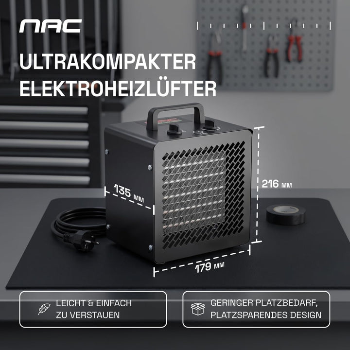 NAC Elektrischer Keramik Heizlüfter 3000 Watt - Heizstrahler mit Thermostat, Heizung Elektrisch - He