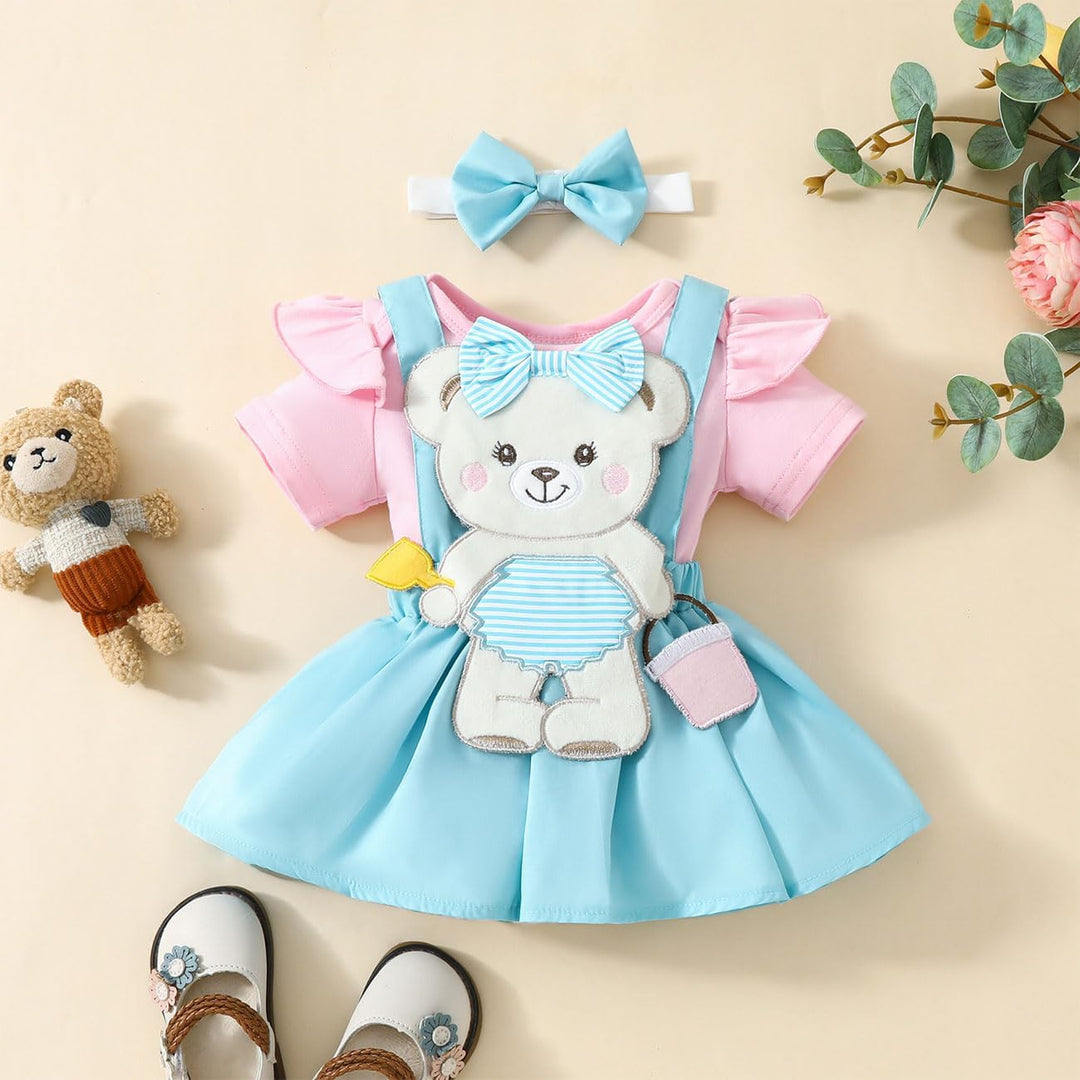 Baby Mädchen Strampler Bär Besticktes Hosenträgerkleid Bowknot Stirnband Kleiderset, Flying Sleeve R