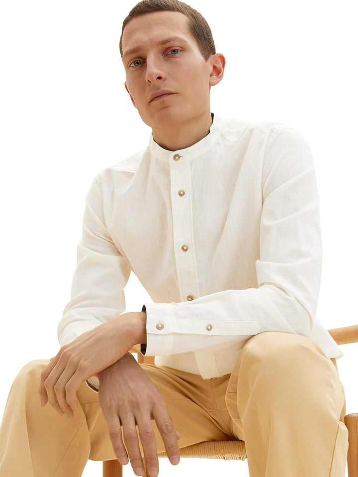 TOM TAILOR Herren Hemd mit Stehkragen aus Leinen XL 10332 - Off White, XL 10332 - Off White