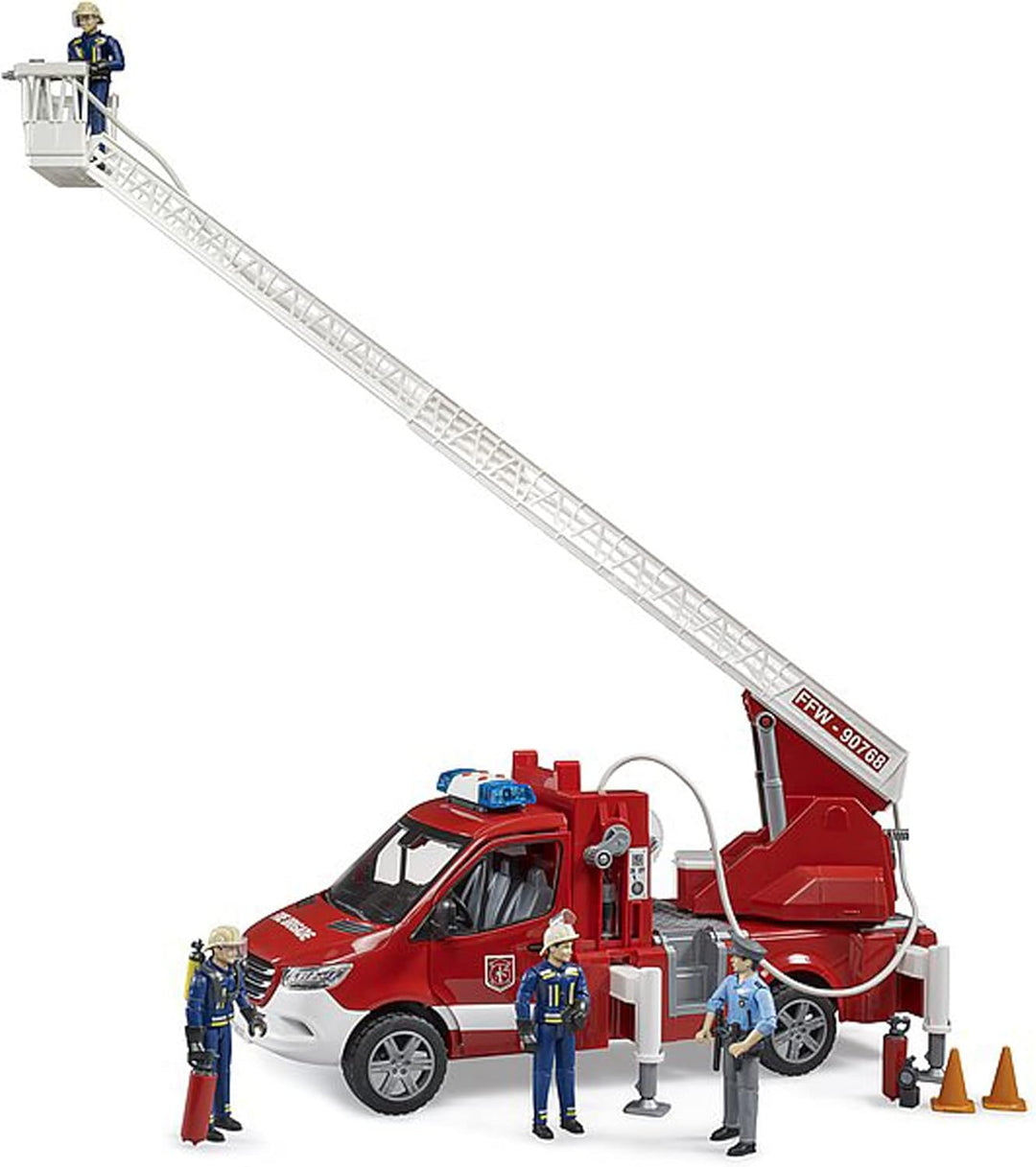 bruder 02673 - Mercedes-Benz Sprinter Feuerwehr mit Drehleiter Pumpe und Light & Sound Modul bworld