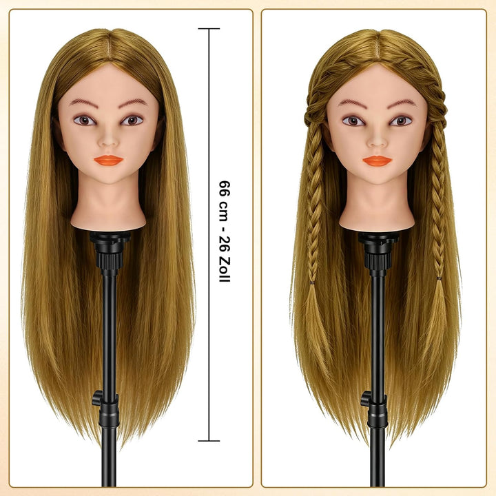 TwoWin Friseurkopf mit Haaren, 26 Zoll (66 cm) 80% Echthaar Mannequin Kopf, Trainingskopf für Stylin