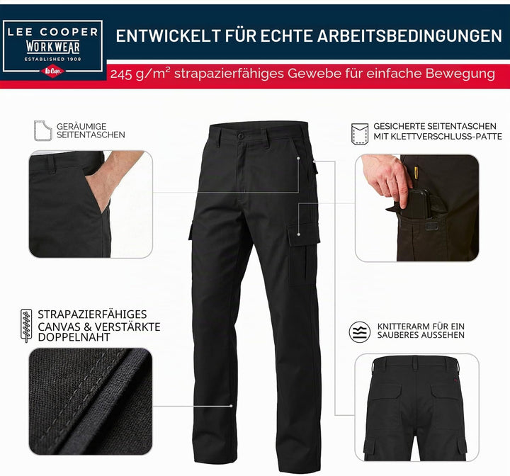 Lee Cooper Herren Cargo Arbeitshose 245 GSM – Workwear Hose Strapazierfähig Multi Taschen Pflegeleic