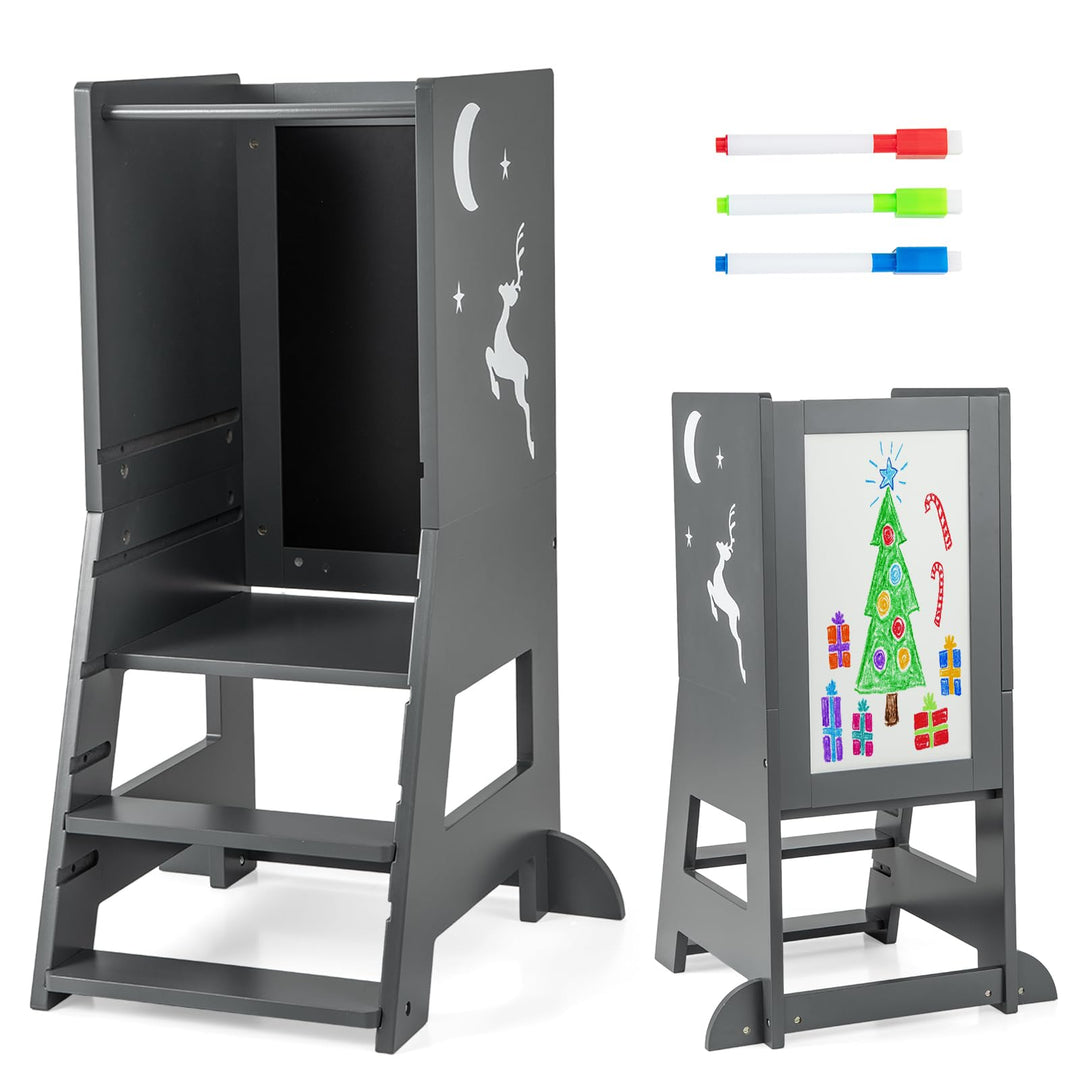 COSTWAY Lernturm kinder, 2 in 1 Tritthocker montessori mit 3 verstellbare Höhen & doppelseitiger Taf