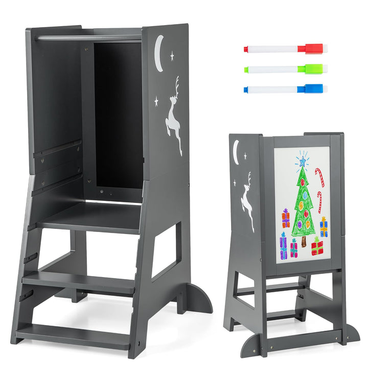 COSTWAY Lernturm kinder, 2 in 1 Tritthocker montessori mit 3 verstellbare Höhen & doppelseitiger Taf