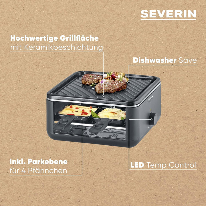 SEVERIN Mini Raclette-Grill für 4 Personen, kleines Raclette mit antihaftbeschichteter Grillplatte,