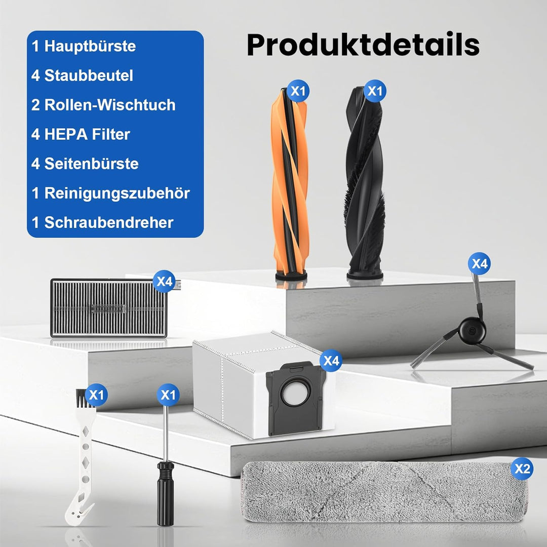 18 Stück Zubehör für Dreame Aqua10 Ultra Track Complete Saugroboter, 1 Hauptbürste 4 Staubbeutel 2 R