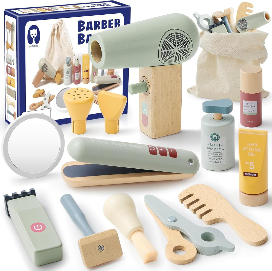 Holz Friseur Set Kinder mit Haartrockner Glätteisen Kamm Haarstyling Rasierzubehör Salon Friseur Zub