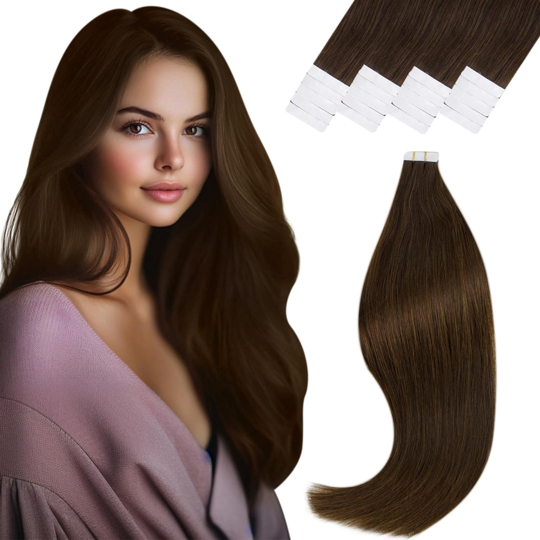 Vivien Mittelbraun Echthaar Extensions Tape in 50cm Invisible Tape in Extensions Echthaar Braun Natü