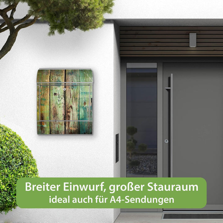 banjado® Design Briefkasten mit Motiv Grünes Holz 39x47x14cm &amp; 2 Schlüssel - Briefkasten Stahl Silbe