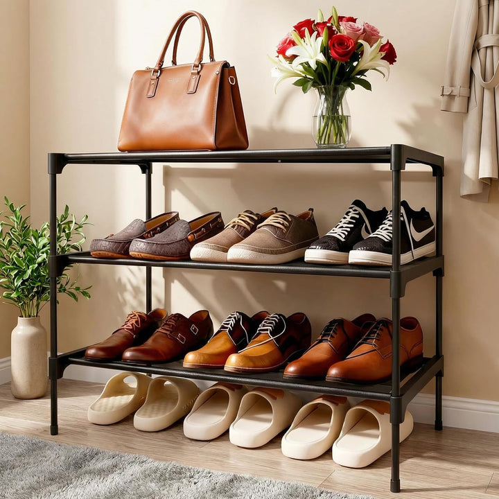 Schuhregal mit 3 Ebenen, Stapelbar Schuhregal aus Metall für 9 Paar Schuhe für Wohnzimmer, Flur, Sch