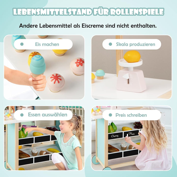 COSTWAY Kinder Eiswagen mit 6 Eiscreme, Kaufladen Holz mit 2 Ablagen, Einkaufswagen auf Rollen, inkl