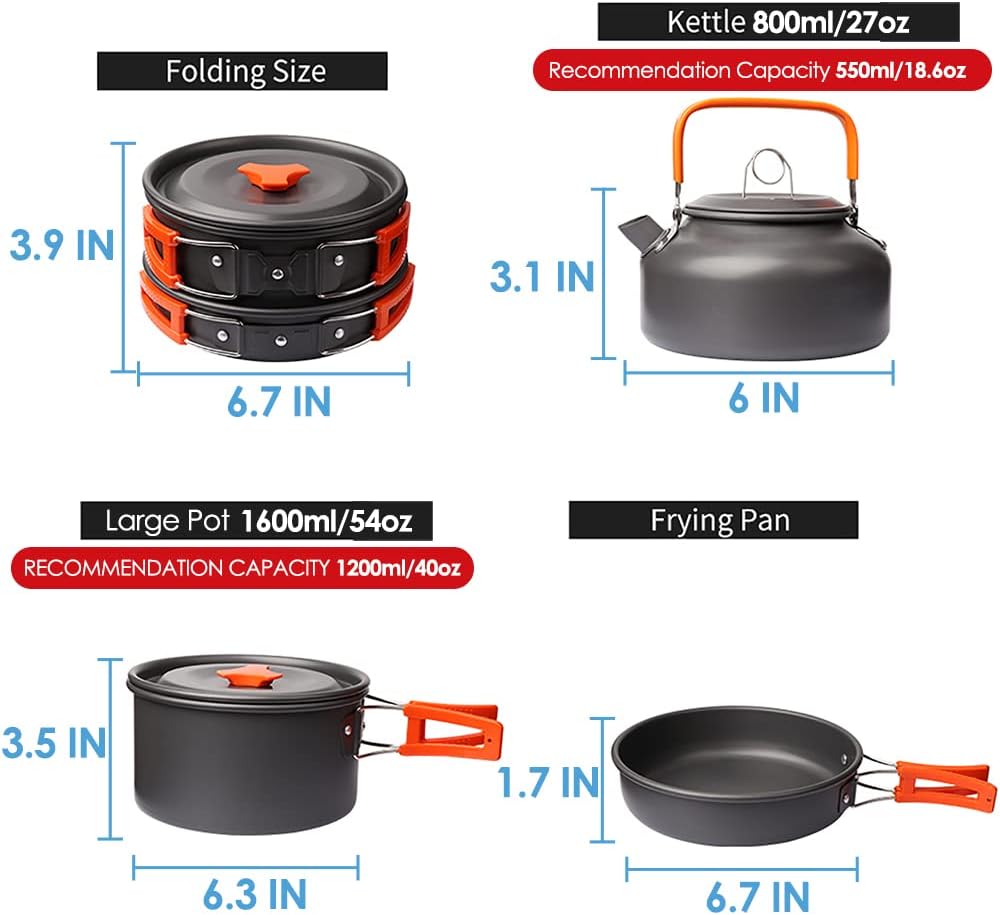 Gutsdoor Camping Kochset Geschirr-Set für 1-2 Personen, Kochset mit Tragbarem Aluminiumtopf Teekesse