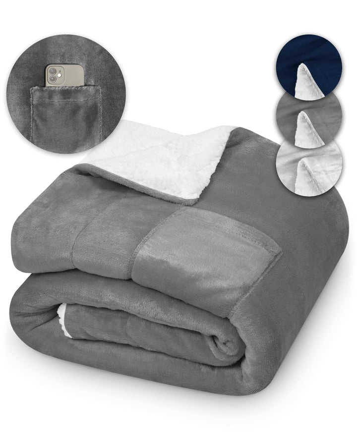 Kuscheldecke 150x200 KAMI flauschig dunkelgrau, Sherpa Tages-Decke für Wohnzimmer, Couch, Sofa, Bett