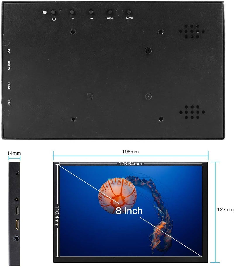 ELECROW Mini Monitor, 8 Zoll IPS Bildschirm for Raspberry Pi Display Externes Screem mit HD-Auflösun