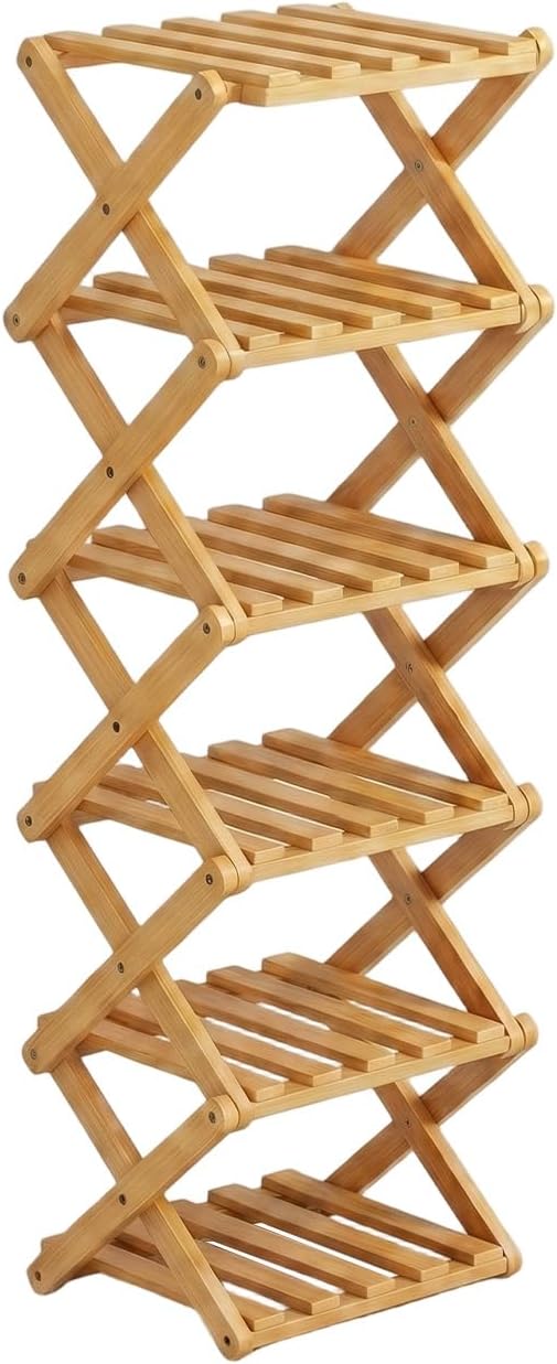 Faltbares Schuhregal Bambus Schmal Ohne Montage 26x26x88cm Natur | Integrierter Klappmechanismus, fe