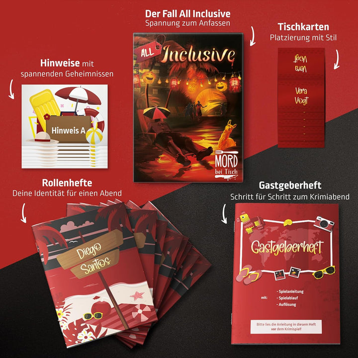 MORD bei Tisch Krimidinner für Zuhause - 4 bis 6 Personen - Der All Inclusive Fall - Das Krimi Spiel