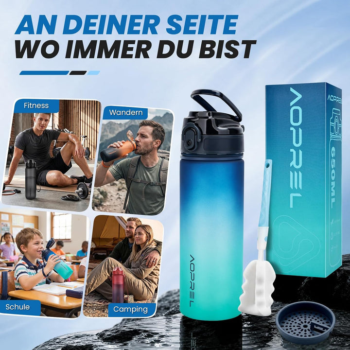 AOPREL Trinkflasche 650ML Mit Filter &amp; Zeitmarkierung, BPA-frei Tritan | Dichtung Auslaufsicher Wass
