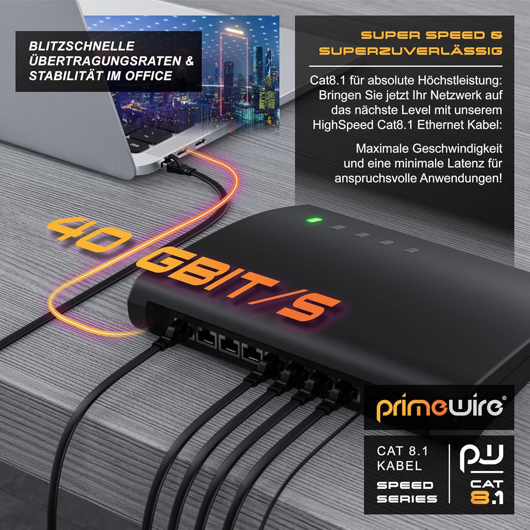 CSL - 7,5m CAT 8 Netzwerkkabel Flach und Dünn, Lan Kabel für 40 Gigabit High Speed Internetkabel, Fl