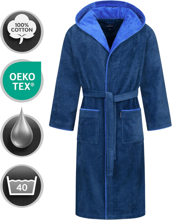 Morgenstern Bademantel Herren Kapuze 100% Baumwolle Frottee Velours Lang Finn M Blau, M Blau