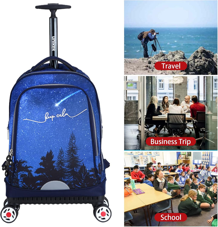UNIKER Rollrucksack mit Rollen für Reisen, Rolltasche für Mädchen und Jungen, Laptoptasche mit Räder