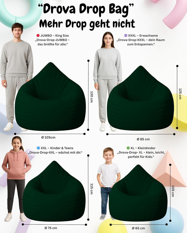 PATCH HOME Patchhome Sitzsack Tropfenform mit Reissverschluss Nachfüllbar - für In &amp; Outdoor - mit S