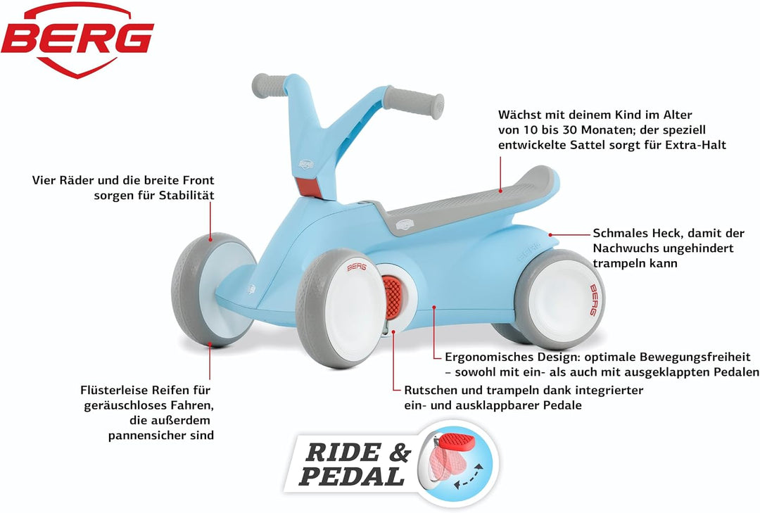 BERG GO2 2in1 Rutschauto Blau | Kinderrutscher &amp; Laufrad ab 1 Jahr | Kinderauto mit ausklappbaren Pe