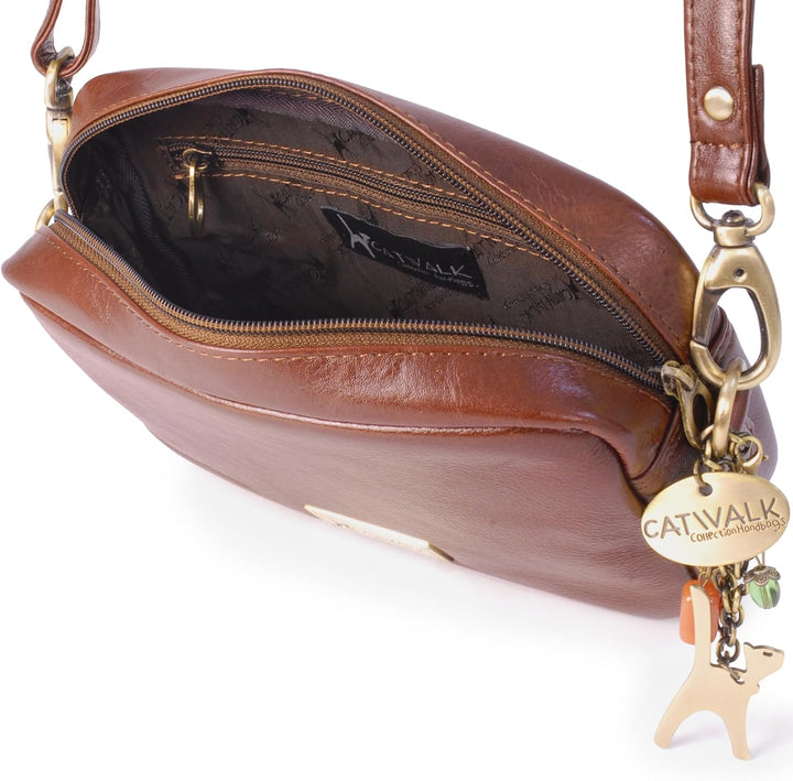 Catwalk Collection Handbags - Leder - Klein Umhängetasche Messenger/Schultertasche - POLLY Braun, Br