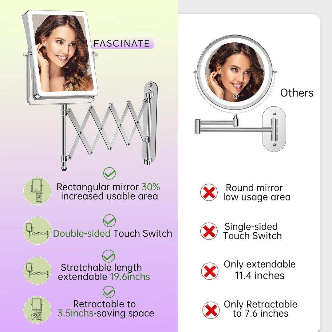 FASCINATE Wiederaufladbarer Wand-Make-up-Spiegel mit Lichtern, 21,6 cm, doppelseitig, 1 x 20-fache V