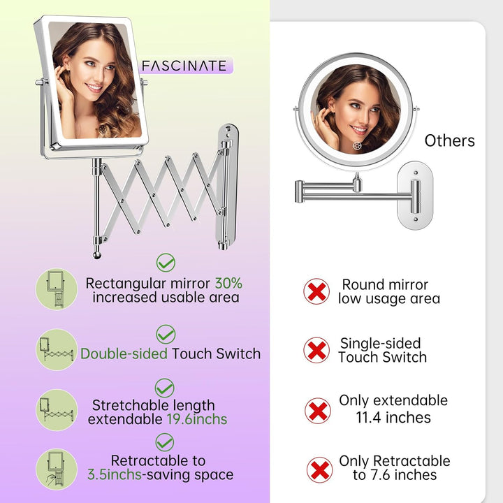FASCINATE Wiederaufladbarer Wand-Make-up-Spiegel mit Lichtern, 21,6 cm, doppelseitig, 1 x 20-fache V