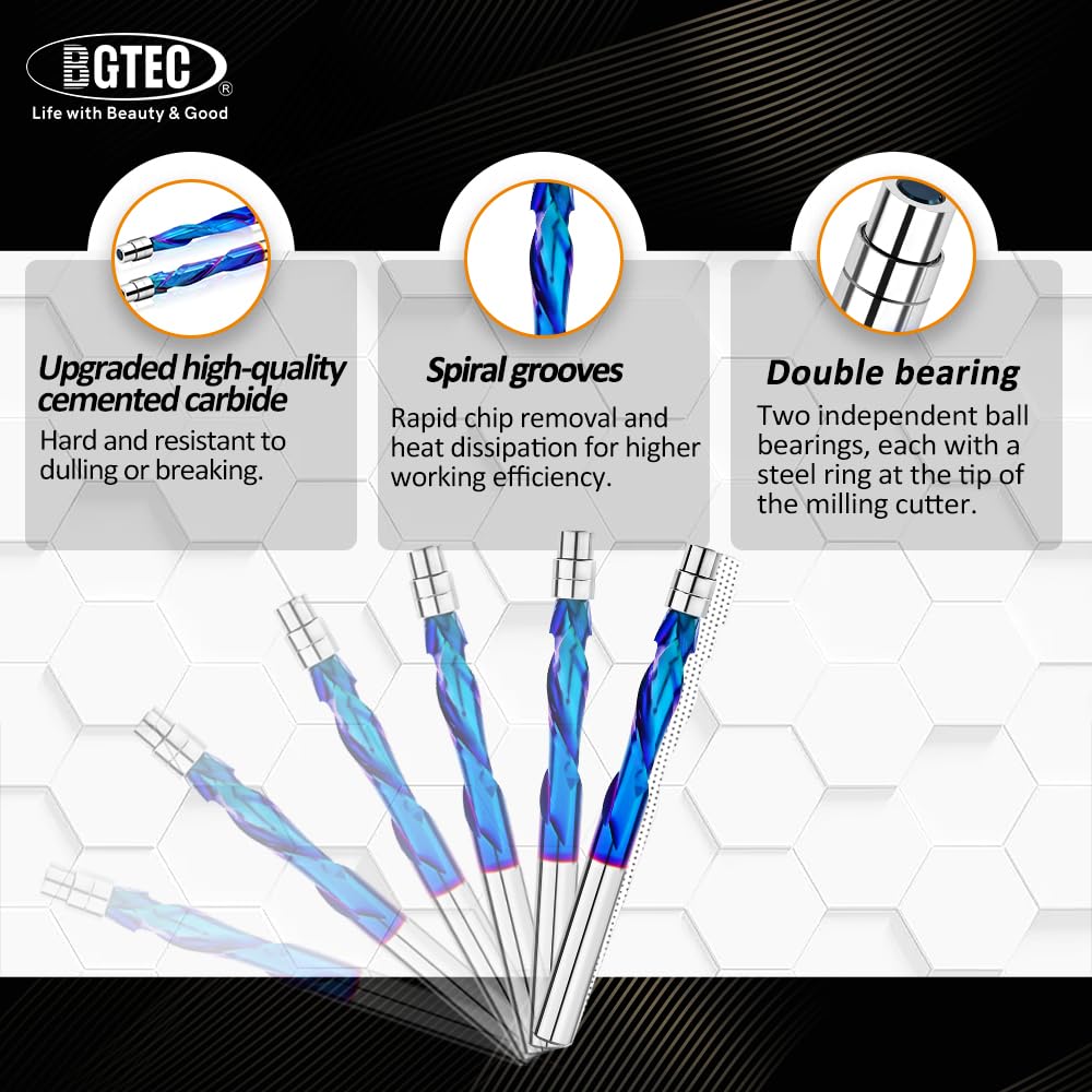 BGTEC Hartmetall-Kompression Spiralbündiger Frässtift,6.35mm bündige Verkleidung Oberfräsen-Bits Nan
