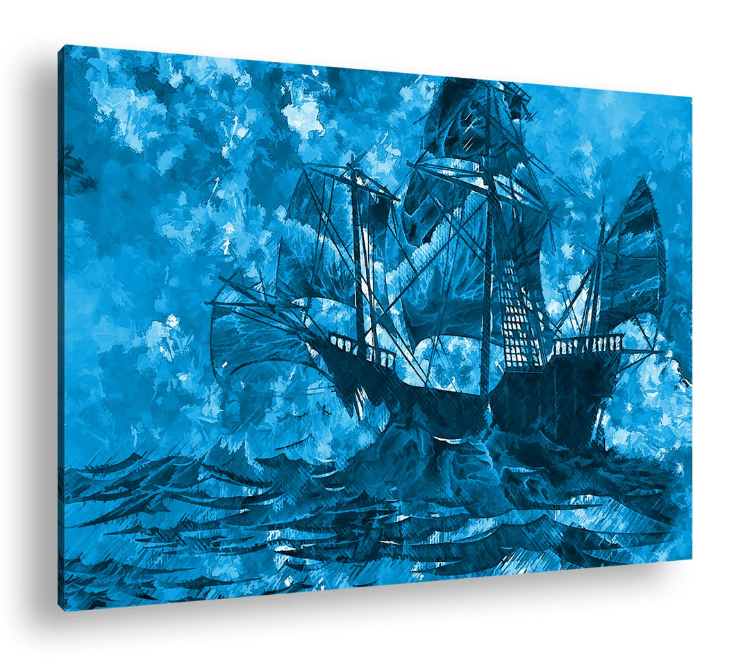 deyoli abstrakte Zeichnung eines Geisterschiffes Format 80x60 Effekt: Monocrome Blau als Leinwandbil