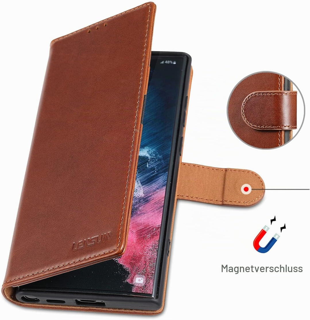 LENSUN Echtleder Hülle für Samsung Galaxy S22 Ultra, Handyhülle [Echtes Leder][Kartenfach][RFID Schu