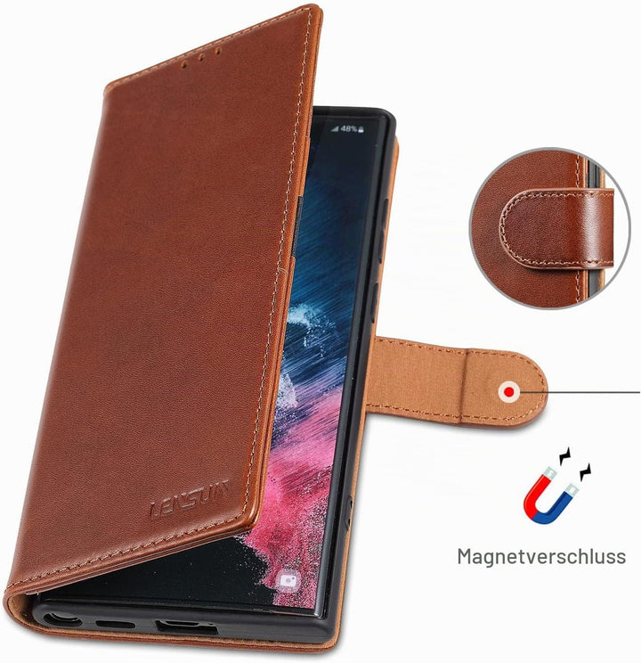 LENSUN Echtleder Hülle für Samsung Galaxy S22 Ultra, Handyhülle [Echtes Leder][Kartenfach][RFID Schu