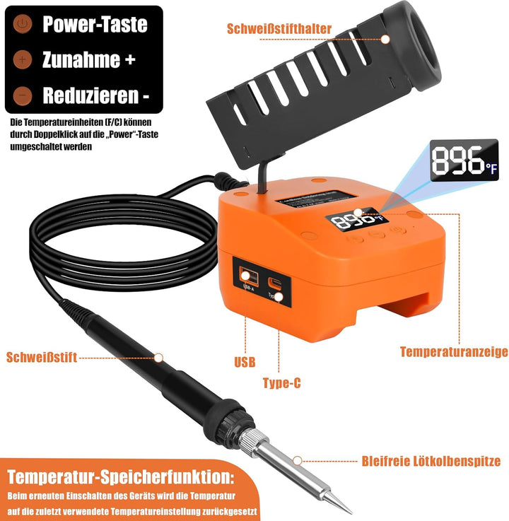 Kabelloser Lötkolben Set kompatibel mit Worx 20V Akku, Tragbarer Lötkolben mit USB und Typ-C, Einste