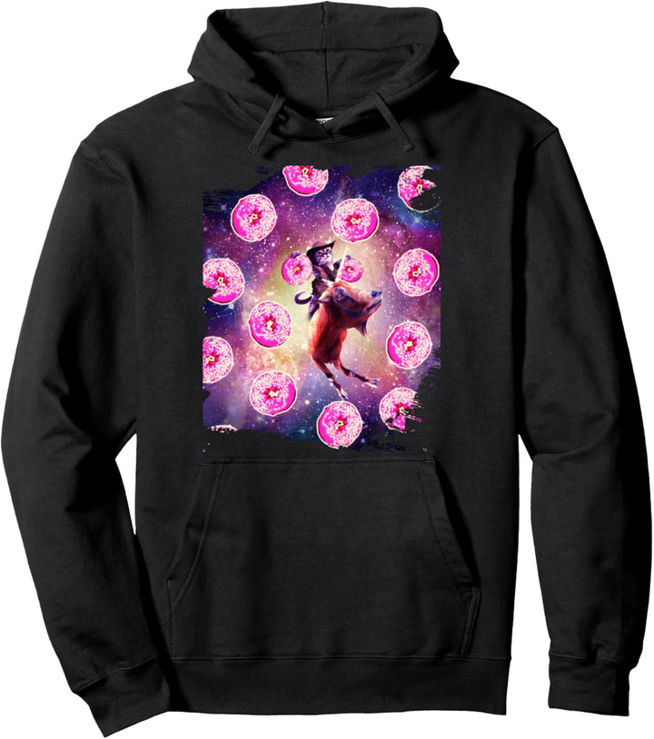 Cowboy Space Cat On Goat Unicorn - Donut Pullover Hoodie