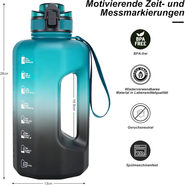 GEMFUL 2.2 Liter Trinkflasche Training Gross Gym Bottle mit Griff BPA Frei mit Zeitmarkierungen für