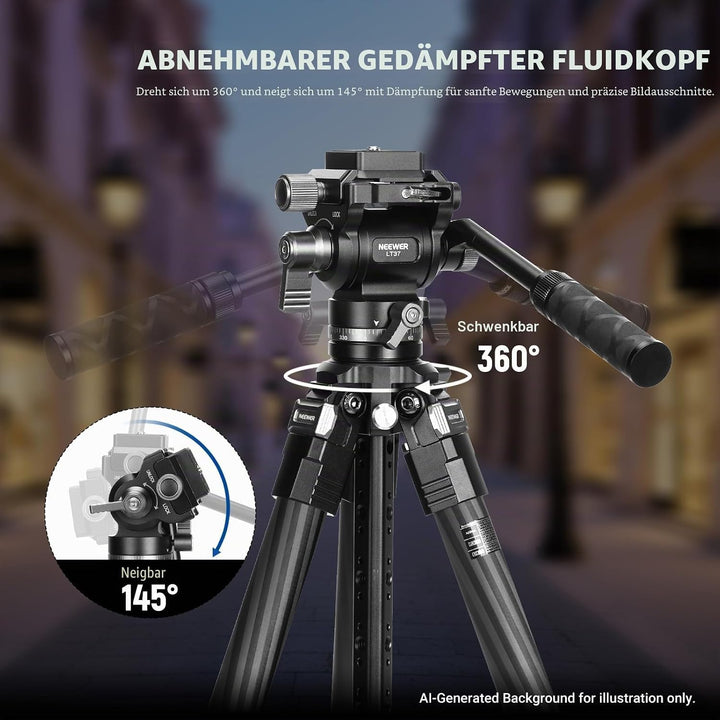 NEEWER 60,4" Reisestativ aus Carbonfaser mit abnehmbarem gedämpftem Fluidkopf, leichtes Video Kamera