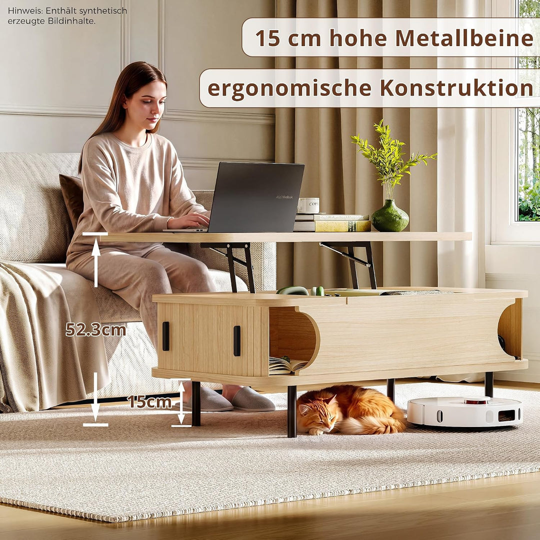 IRONCK Couchtisch höhenverstellbar, Wohnzimmertisch mit Stauraum, Holz Kaffeetisch mit Schiebetüren,