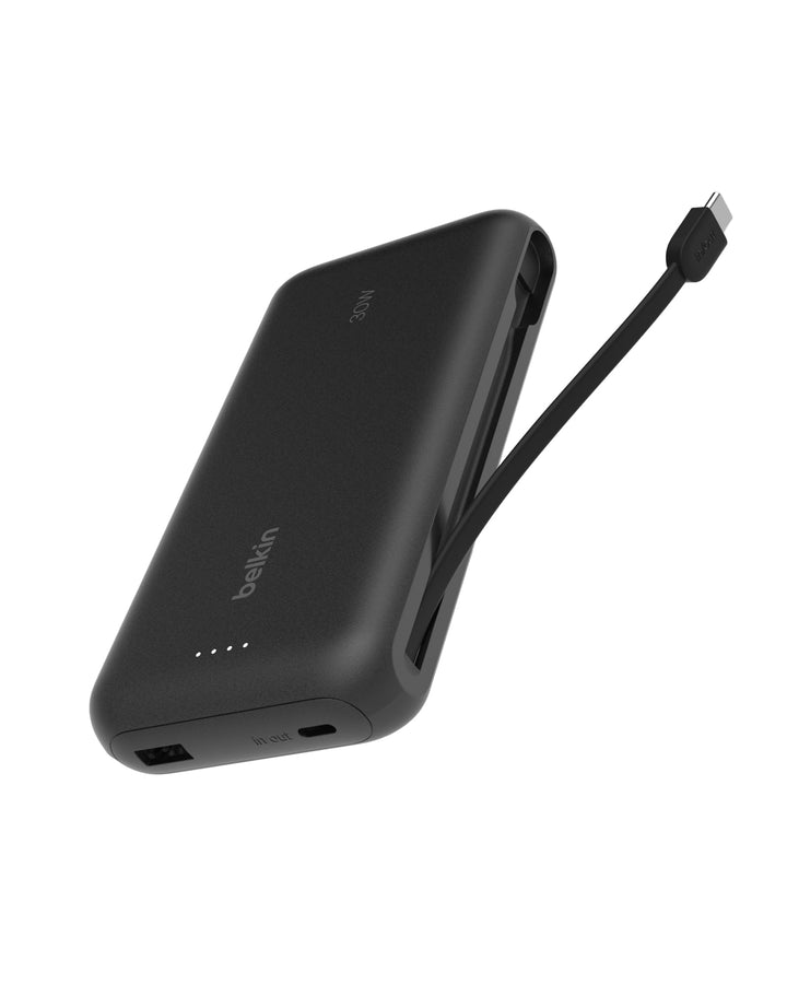 Belkin Portable Powerbank zum Schnellladen mit integriertem Kabel 20K PD 30 W, USB-C Power Delivery,