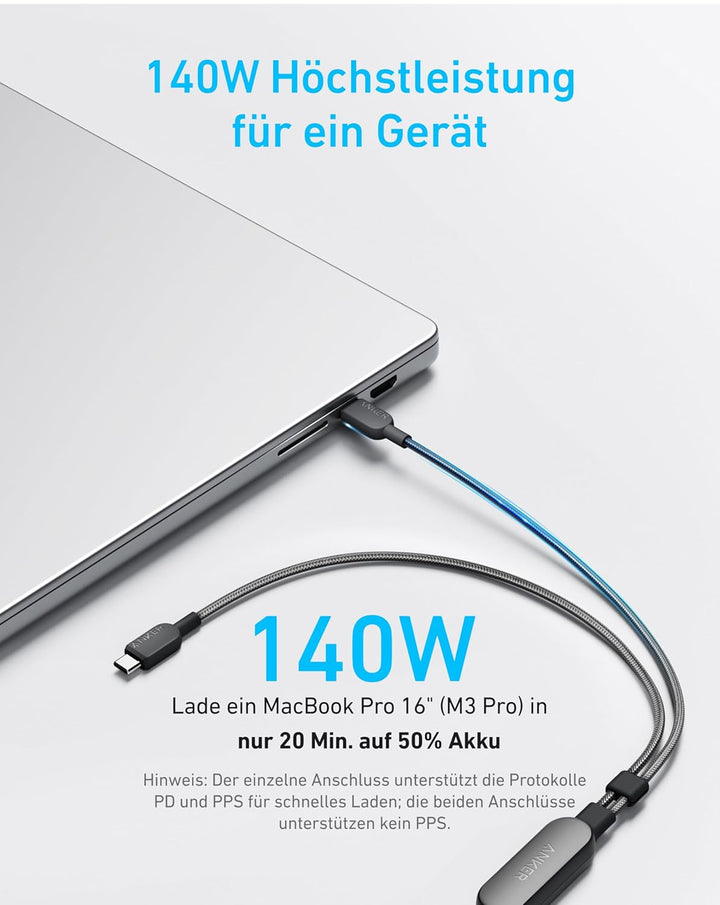 Anker USB C auf USB C Kabel, 140W Max 2-in-1 USB C Kabel 1,8m, für iPhone 17/16/16 Pro/16 Pro Max/16