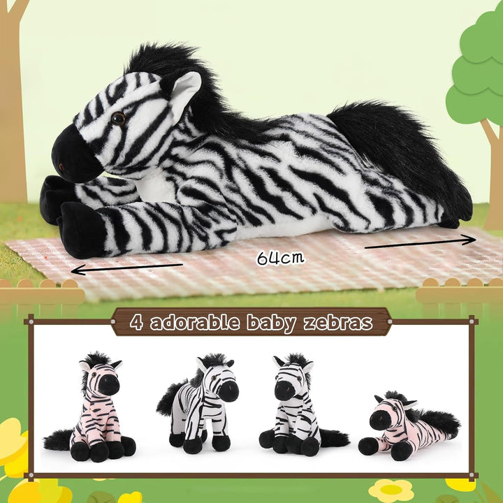 MorisMos 64cm riesen Zebra Kuscheltier XXL mit 4 Baby im Bauch, gross Plüschpferd XXL, Flauschiger S