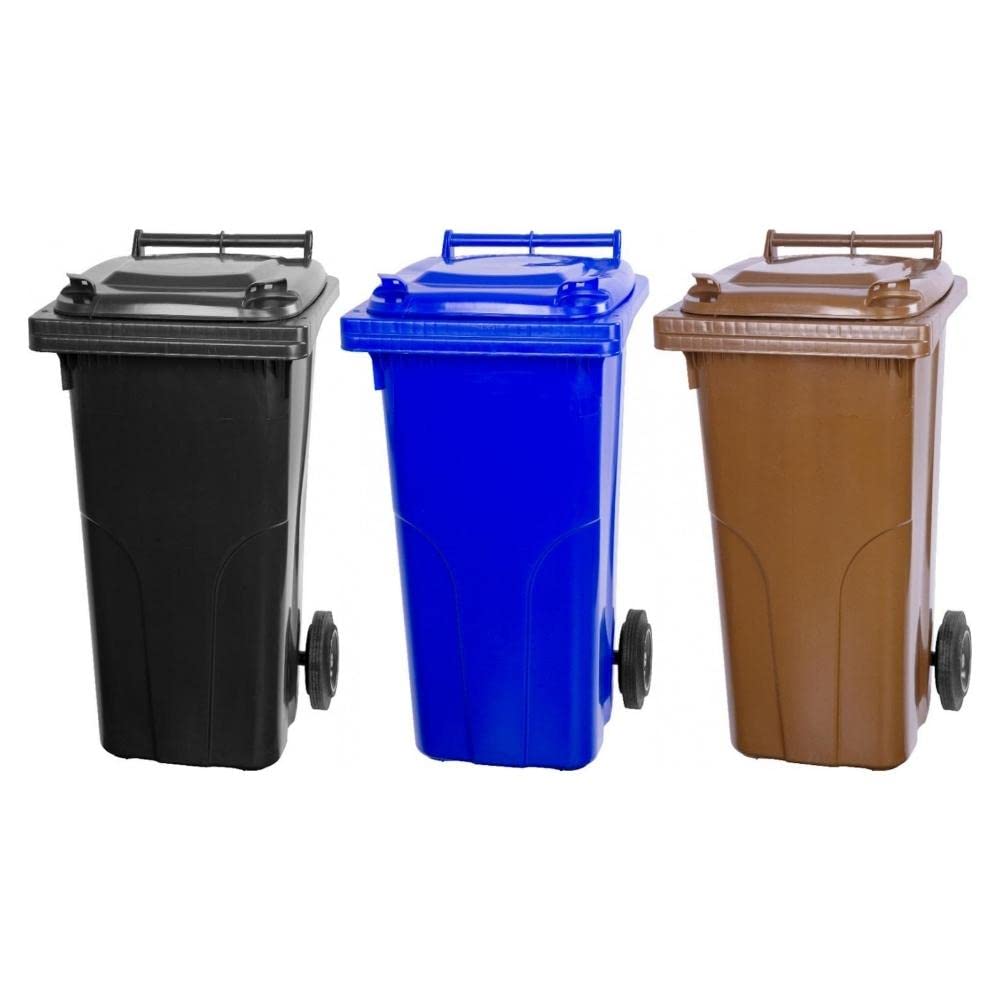 PROREGAL SuperSparSet 3x 2-Rad-Mülltonne MGB | HDPE-Kunststoff | 120 Liter Grau/Schwarz & Blau & Bra