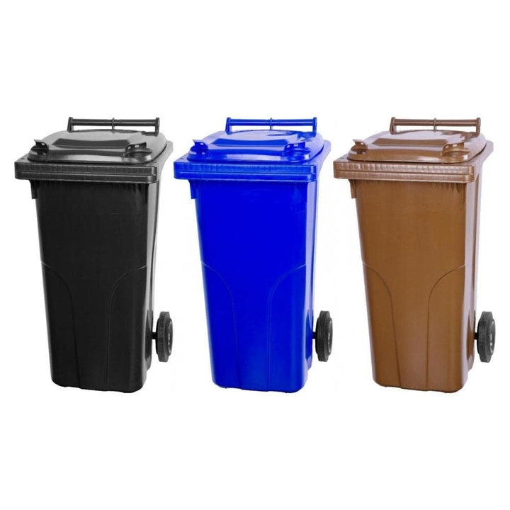 PROREGAL SuperSparSet 3x 2-Rad-Mülltonne MGB | HDPE-Kunststoff | 120 Liter Grau/Schwarz & Blau & Bra