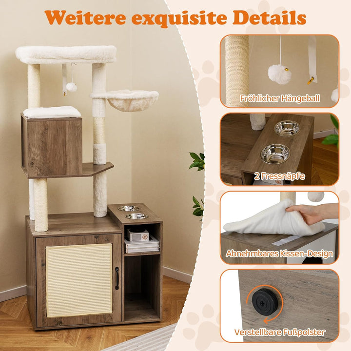 COSTWAY Kratzbaum mit Katzenklo Schrank, Katzenschrank für Katzentoilette, Katzenkratzbaum mit Sisal