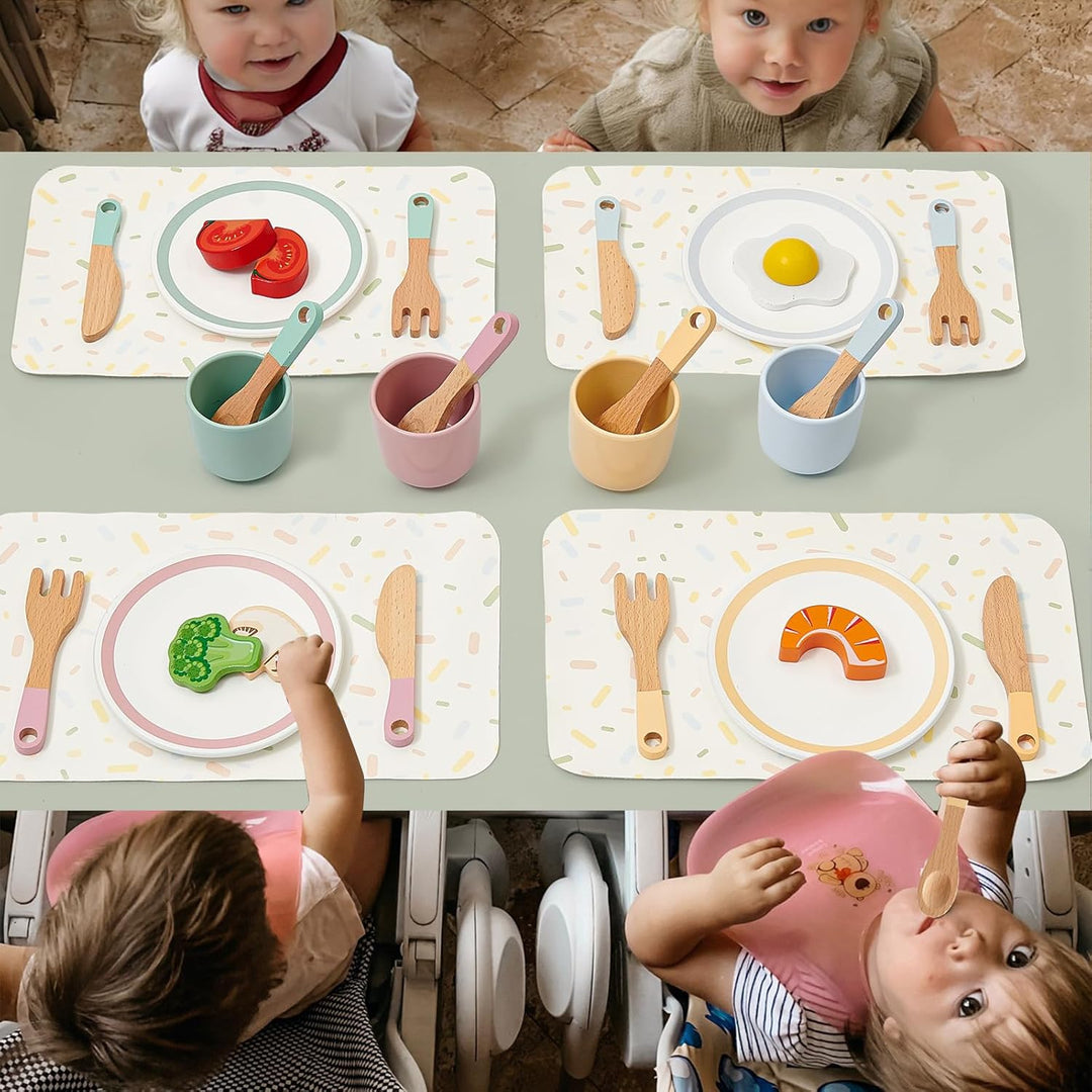 Atoylink Kinderküche Zubehör Holz, 33 Pcs Geschirrset mit Tassen Teller, Spielküche Zubehör Geschirr