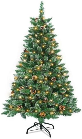 YRHome 120cm Künstlicher Weihnachtsbaum mit Beleuchtung Grün PVC mit Schnee-Effekt & Kiefernzapfen L